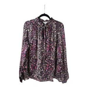Ophelia Roe Womens 1X Ruffled Tie Purple Floral Blouse Peasant Top Shirt Smocked